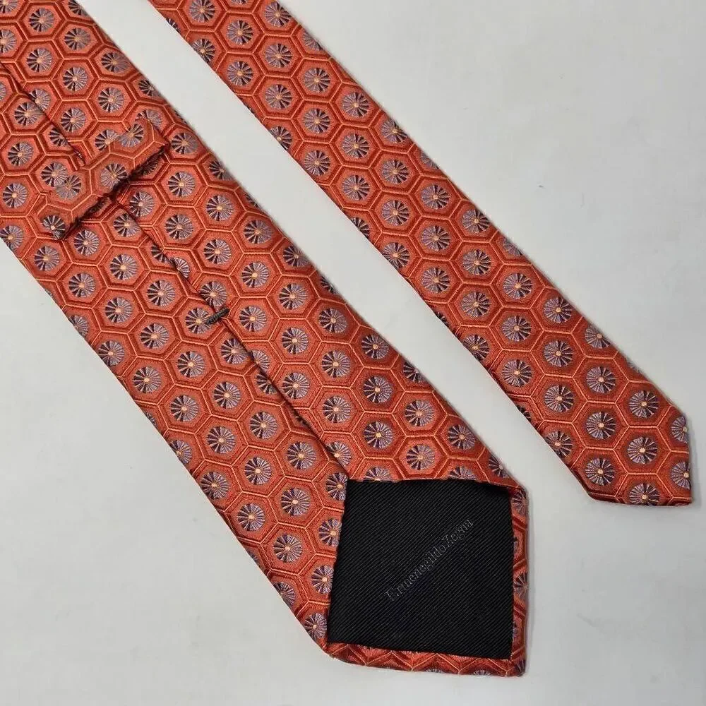 ERMENEGILDO ZEGNA SILK TIE ORANGE HEXAGON BLUE PINWHEEL SATIN LUXURY 3.5